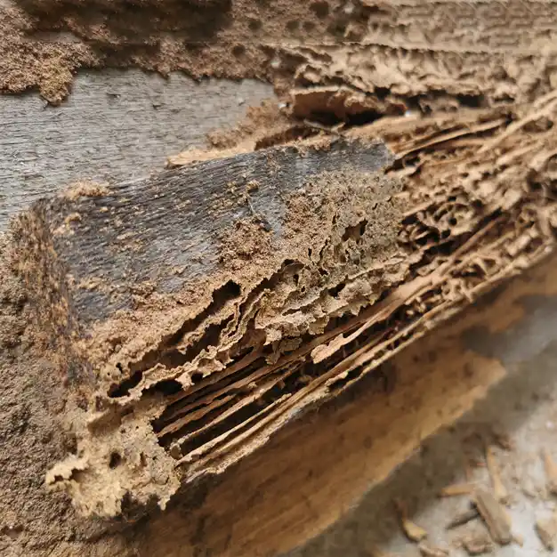 Close-up of termite damage on a wooden structure - comprehensive pest control and lawn care services