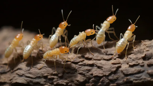 A group of termites on a piece of wood, illustrating the termite control services offered by Termite Lawn and Pest in Apopka, FL.