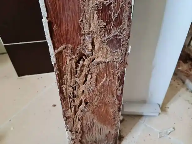 Severe termite damage on a wooden structure, emphasizing the need for reliable Apopka termite control services to protect homes from extensive damage.