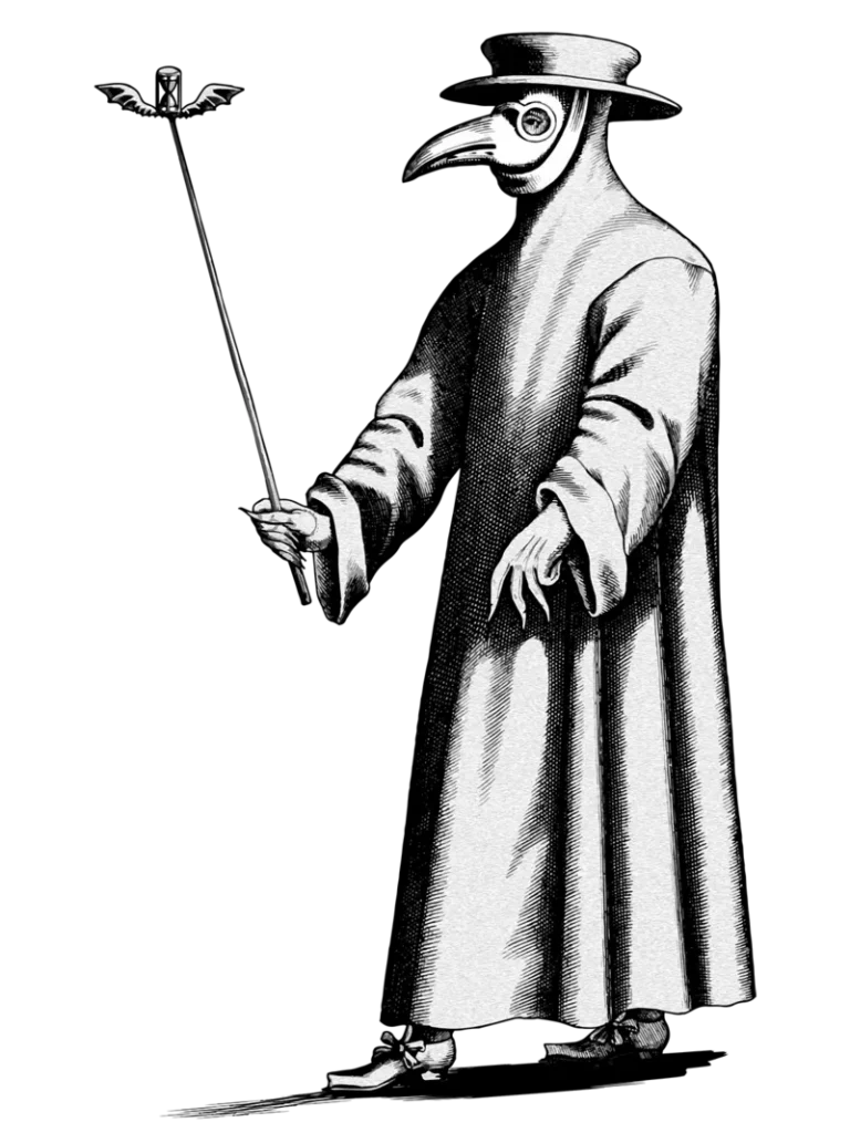 Illustration of a plague doctor wearing a long robe and a bird-like mask, symbolizing the medical efforts during the Black Death.