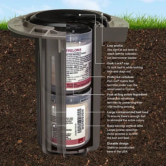 An illustration of an in-ground termite Trelona bait station, showing labeled components designed to protect homes from termites in Central Florida.