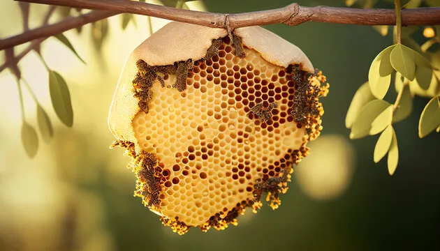 A bee hive hanging from a tree branch, highlighting the importance of professional bee hive removal services.