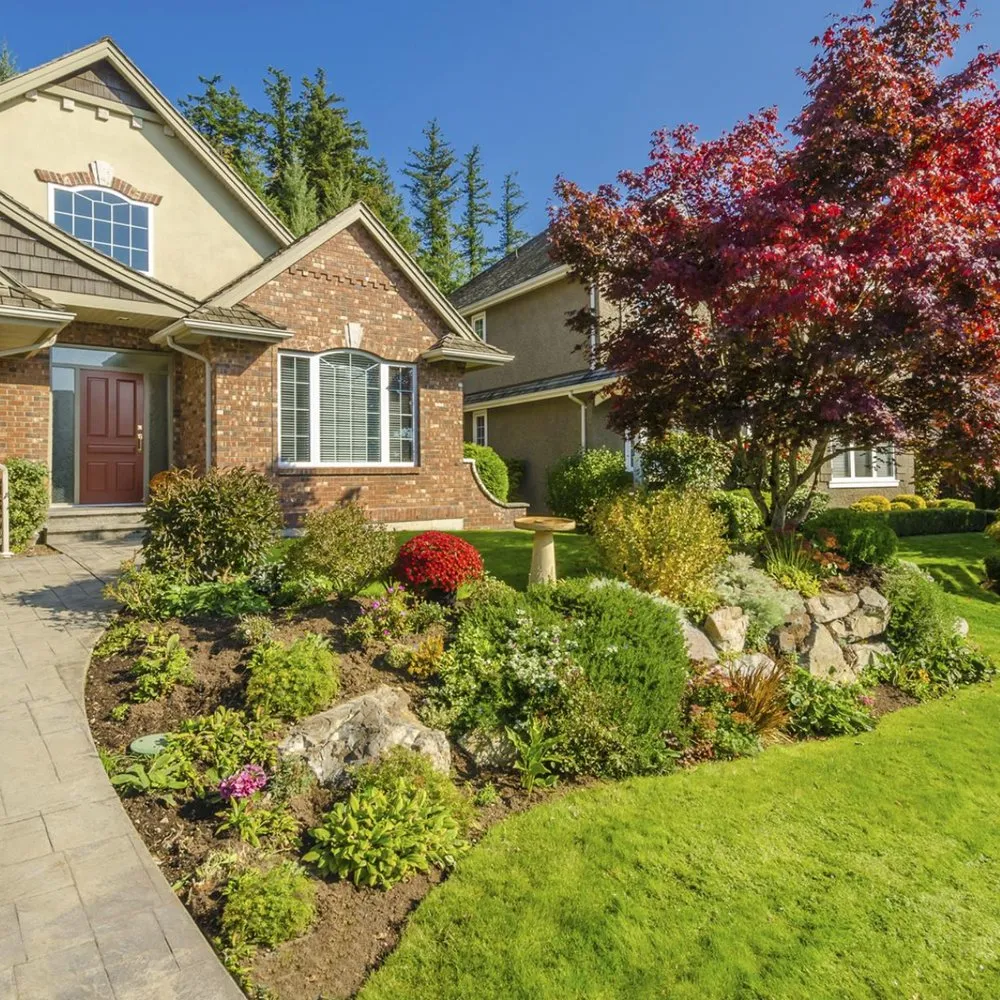 A well-maintained front yard with a lush lawn and colorful landscaping, representing the lawn care services provided by Termite Lawn and Pest in Chuluota.