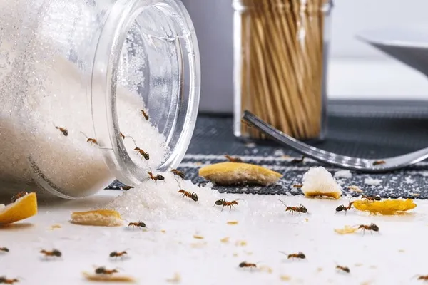 Ants infesting a spilled sugar jar, highlighting the importance of comprehensive Kissimmee pest control services to prevent infestations and ensure a clean home.
