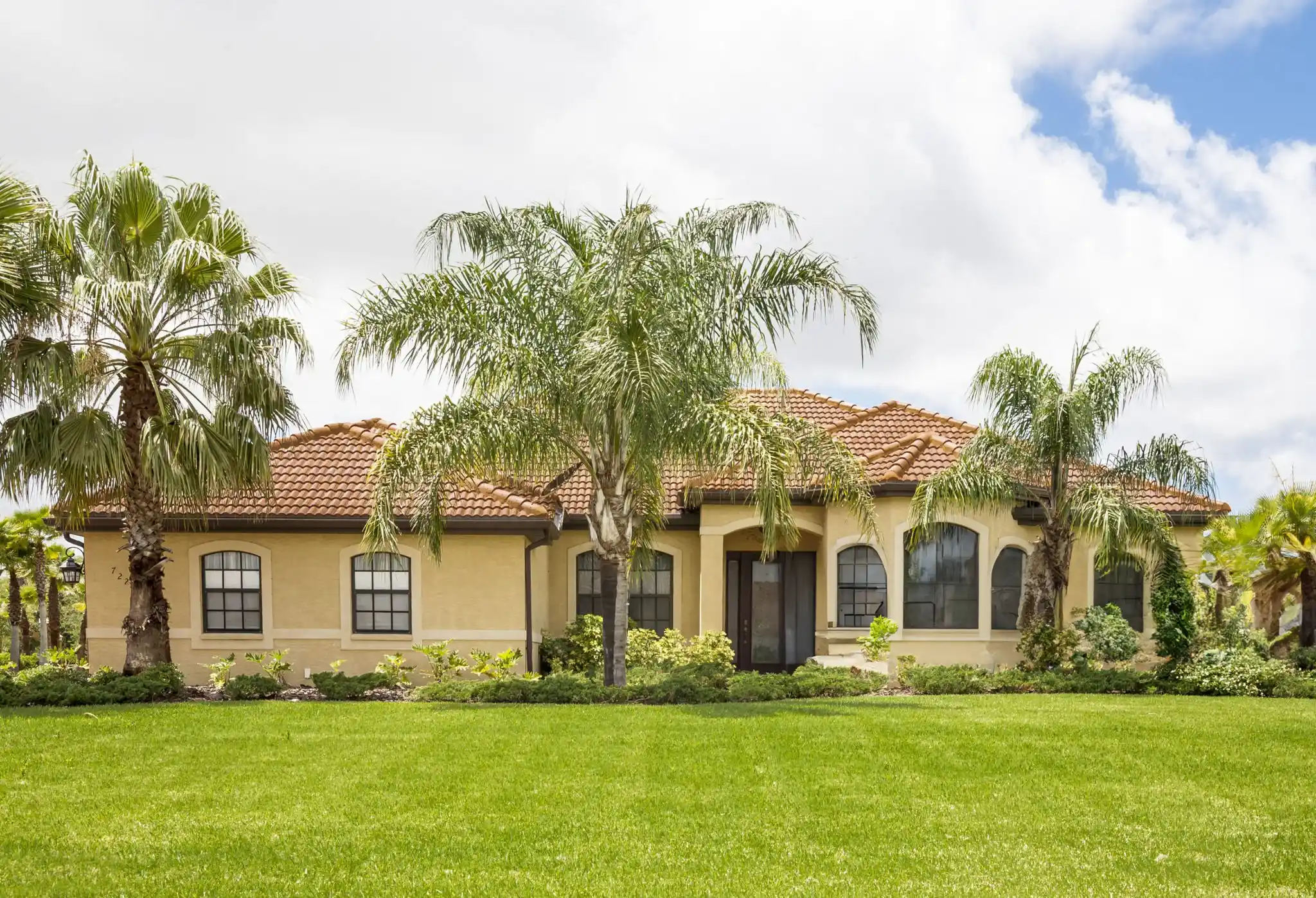 Front view of a house with a lush green lawn, healthy palm trees, and a well-maintained garden, exemplifying the benefits of expert Lake Mary lawn care services.