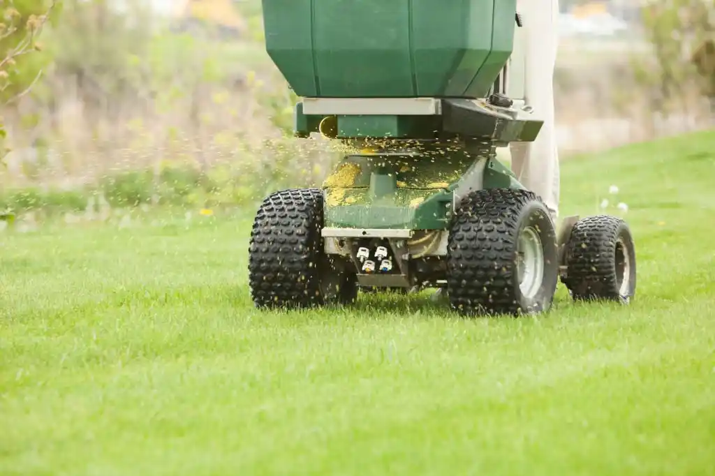 Riding spreader applying fertilizer and weed control on a lawn in Longwood, Florida.