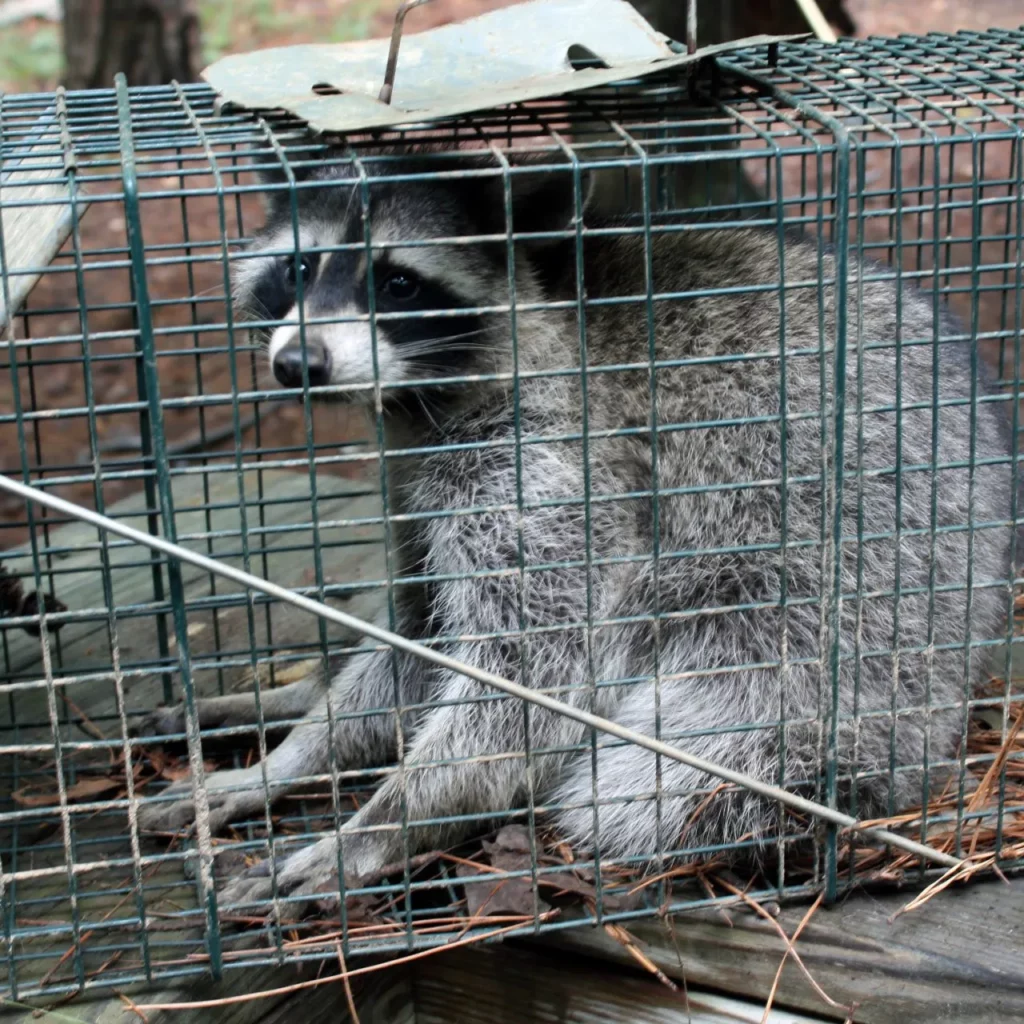 A raccoon safely trapped in a cage, representing reliable wildlife control services in Maitland.