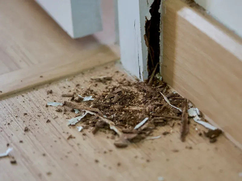 Evidence of termite damage in a wooden door frame, highlighting the importance of termite control services in Orlando.