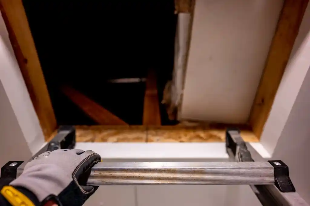 Gloved hand holding a ladder leading to an attic, highlighting the importance of Clermont wildlife control in inspecting and managing wildlife infestations in attic spaces.