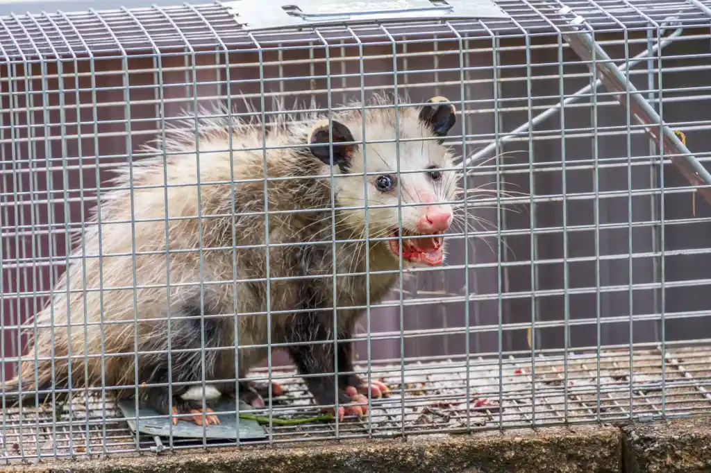 Image of a possum in a cage trap, representing wildlife control services in Maitland.