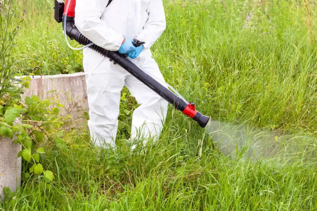 Technician in protective gear spraying grass for Ocoee mosquito control services.