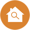 Icon of a house with a magnifying glass on an orange background representing pest control and lawn care inspections.