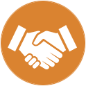 Icon of a handshake on an orange background representing pest control and lawn care service agreements.