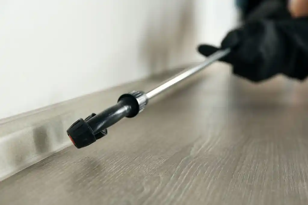 Close-up of a pest control professional applying treatment along the floor, illustrating common pest control mistakes.