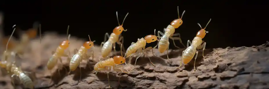 Close-up of termites on wood, highlighting the importance of debunking termite myths and understanding termite behavior.