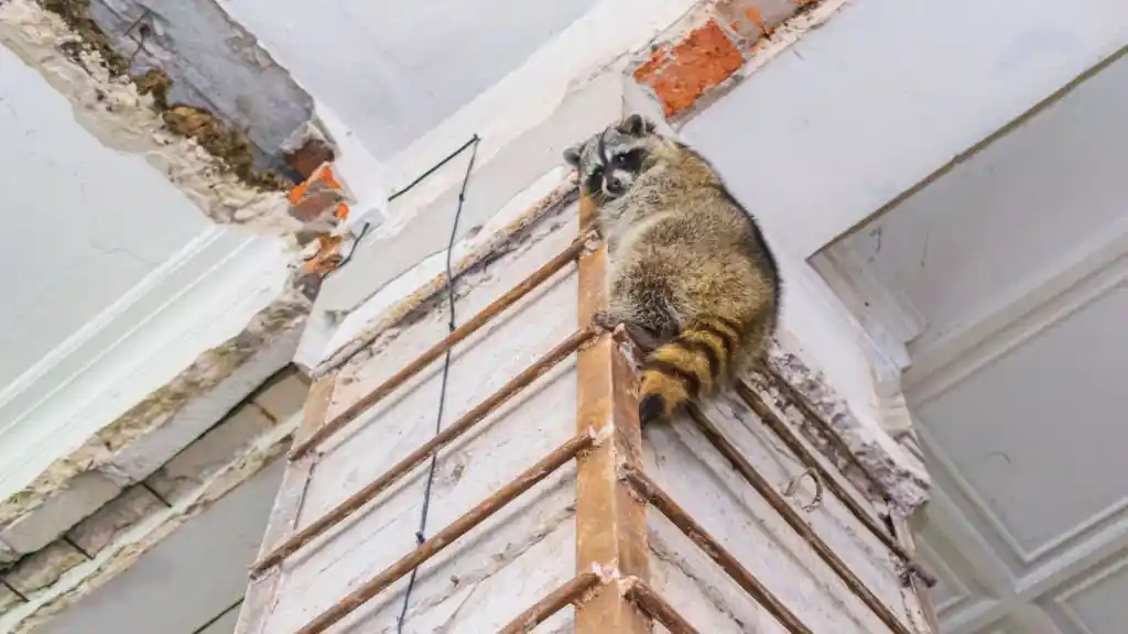 Raccoon climbing in an attic space, highlighting the need for wildlife control in Altamonte Springs.