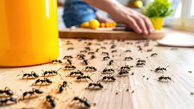 Ants crawling on a wooden kitchen countertop with food preparation happening in the background.