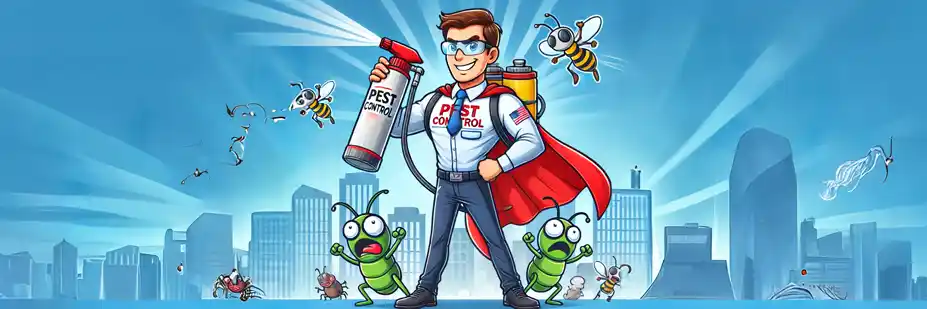 Pest control professional superhero with spray canister, standing confidently as cartoon pests flee in a cityscape background.